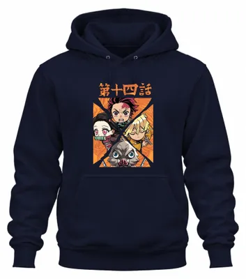 Productafbeelding van Kimetsu no Yaiba Tanjiro, Nezuko, Zenitsu, Inosuke, Chibi - Geschenk, uni hoodie, marineblauw, maat M