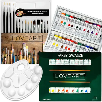 Zdjęcie produktu dla Zestaw malarski - farby Gwasze Loveart 24x12 ml, 15 pędzli, paletka