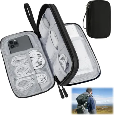 Produktbild von Organizer-Tasche für Elektronikzubehör, Reise-Kabel-Organizer-Tasche, wasserdichte, tragbare doppellagige Tragetasche für Reise-Gadgets für Kabel, Powerbank, Ladegerät, Speicherkarte, Kopfhörer – Schwarz