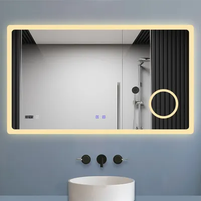 Produktbild von LED Badezimmer Spiegel mit Bluetooth Uhr 3-fache Vergrößerung Beschlagfrei 120x70cm Badspiegel mit Speicherfunktion Warm/Neutral/Kaltweiß Dimmbar CE