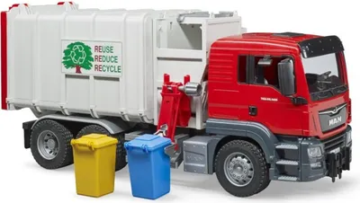 A toy garbage truck with two bins.
