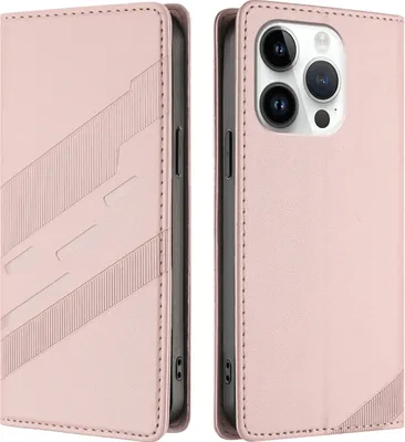 Image de Etui pour iPhone 15 Pro, étui portefeuille en cuirPolyuréthaneavec fente pour cartes et fonction stand Rose