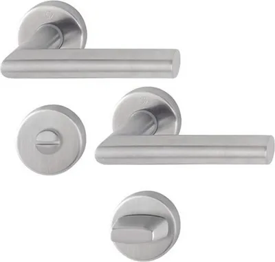 A set of brushed metal door handles and related hardware, presented on a white background.