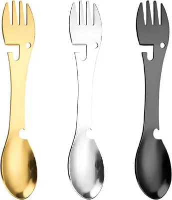 Produktbild von 3-teiliges Besteckset, Edelstahl, Löffel, Gabel, Flaschenöffner, 5-in-1, für Camping