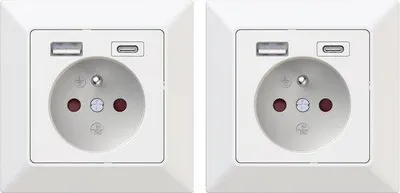 Zdjęcie produktu dla Zestaw gniazdek USB z wtyczką Schuko – stacja ładująca do telefonów komórkowych – puszka ścienna – biała – zestaw 2 sztuki