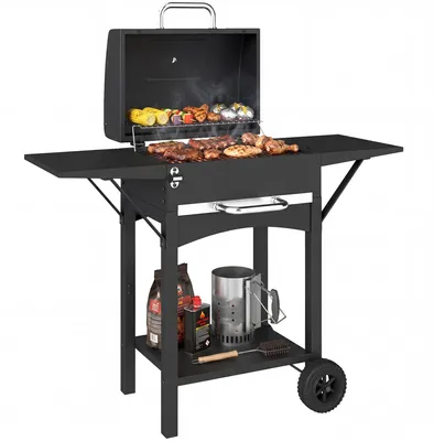 Produktbild von Holzkohlegrill mit Deckel, BBQ Smoker Grill mit 2 Seitentischen Große Grillfläche Grillrost Thermometer Räder