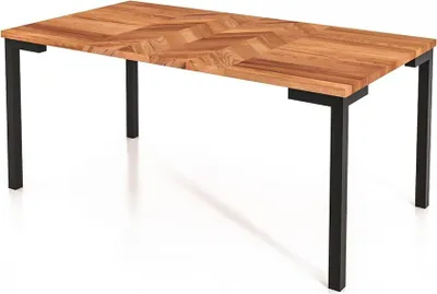 A wooden table with a herringbone pattern on a white background.