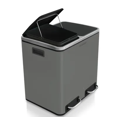 A gray dual-compartment trash can with silver pedals and handles, shown from a diagonal angle with one lid open.