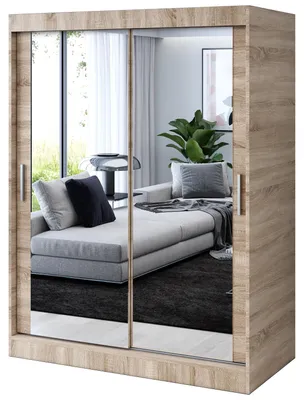 Produktbild von Kleiderschrank Sonoma Eiche - 150x200cm - Schiebetürenschrank KARL - mit 2 Spiegeln - für Schlafzimmer & Garderobe