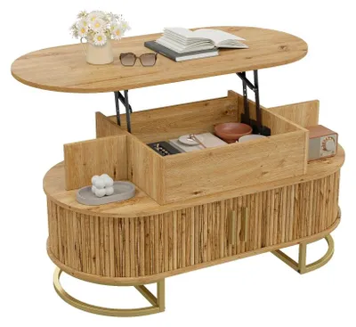 Produktbild von Ovaler Couchtisch - Höhenverstellbarer Wohnzimmertisch - MDF - Stauraum - Schiebetür - Holzgestell - Natur