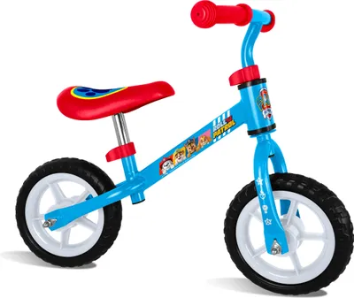 A blue balance bike with red handlebars and seat, featuring Paw Patrol graphics, is shown against a white background.