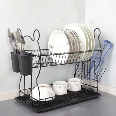 Produktbild von Geschirrkörbe, Geschirrständer, 2-stufiges Geschirrabtropfgestell-Set, Abtropfgestell mit Auffangschale, Abtropfständer, Geschirrtrockner