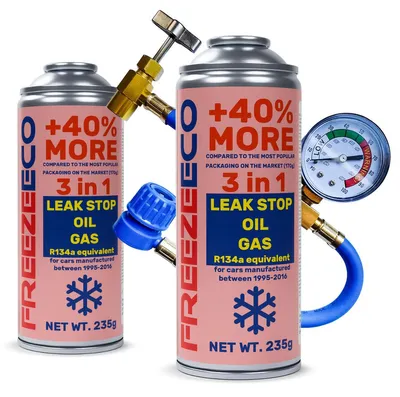 Produktbild von FreezeEco 2x 3-in-1 R134a Ersatz-Klimaanlagen-Kältemittel-Set mit Öl und Dichtmittel + Schlauch