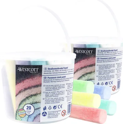 Produktbild von Westcott Straßenmalkreide Pastell (2er Set) | 2 x 20 Stück bunte Straßenkreide für Kinder im praktischen Transporteimer | leicht abwaschbar | geeignet für Asphalt, Tafel oder Stein | E-744985 00
