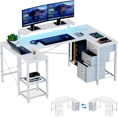 Obrázek produktu pro Rohový stůl - L-kový stůl - Pracovní stůl do domácnosti - Integrovaná zásuvka - 170 x 95 cm - Bílá barva