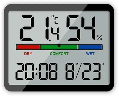 Produktbild von Digitale Bürothermometer mit Temperatur- und Feuchtigkeitsmessgerät - genaue Feuchtigkeitsmessgerät mit Uhr (schwarz)