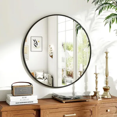 Produktbild von Runder Wandspiegel 70 cm Metallrahmen Schwarz für Bad Wohnzimmer Schlafzimmer Eingangsbereich