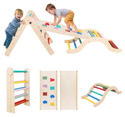 Immagine prodotto di Struttura per arrampicata per bambini - Set triangolare 7 in 1 - Pieghevole - Arco, rampa e scaletta - In legno - Per bambini dai 3 ai 6 anni - Da interno - Multicolore