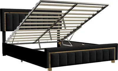 Produktbild von Polsterbett mit Stauraum - Doppelbett 140x200 cm - Hydraulischer Lattenrost - Samt gepolsterter Holzrahmen - Modernes Design - Schwarz