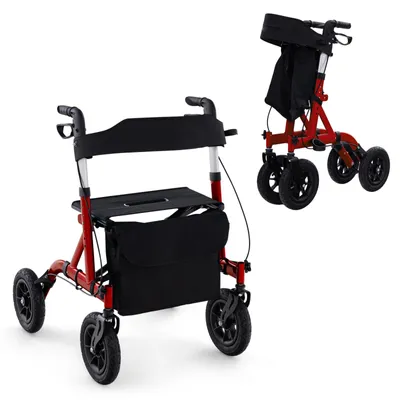 Produktbild von Rollator Faltbar Leichtgewicht, 2 in 1 Rollstuhl, 6-fach Höhenverstellbar, 2 Bremsen Stockhalter Tasche, Aluminium 136 kg (Rot)