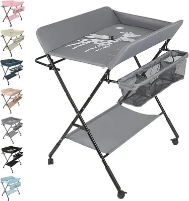 Image de Table à langer pour bébé - Table de soins - Pour le soin des bébés - Pliable et mobile - Réglable - Gris