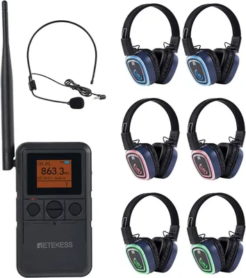 Immagine prodotto di Set di cuffie Retekess TA003P per silent disco, fitness e yoga, con qualità audio HiFi, autonomia di 12 ore, LED a 3 canali, accoppiamento automatico e design confortevole