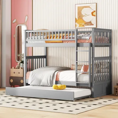 Image de Flieks Lit superposé 90x200cm avec lit gigogne, lit surélevé avec protection antichute et sommier à lattes, lit d'enfant avec échelle, lit superposé 2 enfants, gris