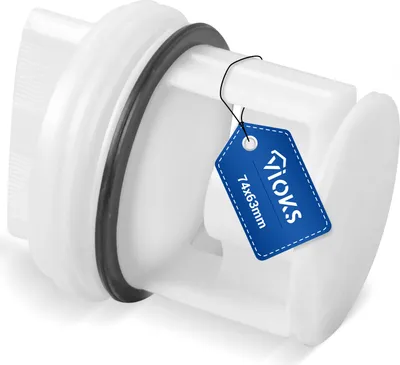 A close-up studio shot of a white washing machine or dryer drain pump filter with a blue tag attached.