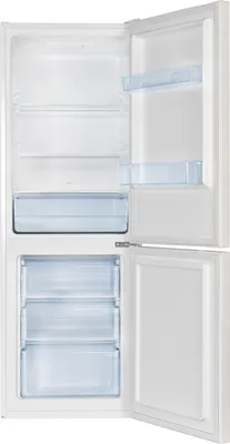 An open refrigerator with empty shelves.