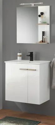 Produktbild von Badmöbel Set "Dense" in weiß Hochglanz Lack und Eiche mit Waschbecken und Beleuchtung