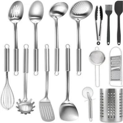 Produktbild von BEWOS 15-teiliges Küchenhelfer Set - Edelstahl Kochlöffel Set, Küchenutensilien mit Spateln und Aufbewahrungsbox, Ungiftig, Spülmaschinengeeignet & Hitzebeständig,Für Küche Kochen Braten Backen Utensilien