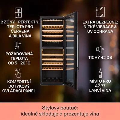 Obrázek produktu pro Klarstein vinotéka, slim, 2 zóny, skleněné dveře, UV ochrana, 5-20 °C, 77 lahví
