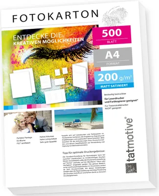 Produktbild von TATMOTIVE FA4200M500 Fotokarton Fotopapier 200g matt weiß / Laserdrucker / DIN A4 / Beidseitig bedruckbar / 500 Blatt