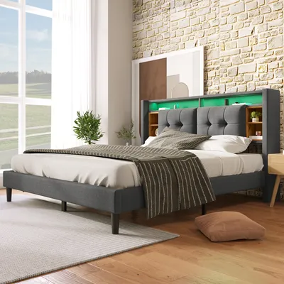 A bedroom scene with a bed, window, and brick wall.