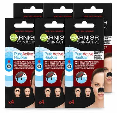 Produktbild von 6 x Garnier Pure Active Anti-Mitesser-Strips - Aktivkohle - Nase, Stirn & Kinn - Vorteilspackung - 6 Stücke
