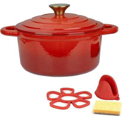 Image de 5L Cocotte en émail Fonte Rouge Accessoires en silicone Éponge