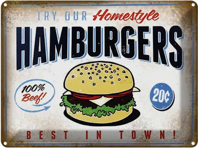 Produktbild von vianmo Blechschild 30x40 cm Hamburger best in town 100% Beef