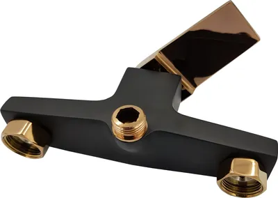 A close-up studio shot of a black and gold shower faucet.