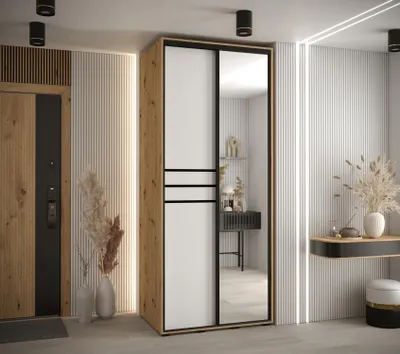 Produktbild von Kleiderschrank ASIRI 11 - 100/60 cm, Eiche handwerklich / weiß / schwarz