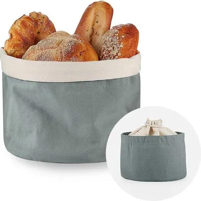 Produktbild von Unyqoos® Brotkorb mit Deckel & Kordelzug, Ø 25 cm – faltbarer Brotbehälter aus 100% Baumwolle, blaugrau, staubdicht, Maße 25 x 17 cm, leicht tragbar