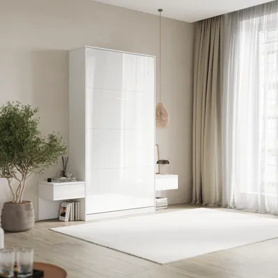 Produktbild von SMARTBett Set 100-Schrankbett Vertikal CLASSIC mit 2 Nachtkonsolen Weiss/Weiss Hochglanz