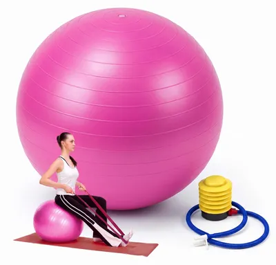 Productafbeelding van Relaxdays Gymnastiekbal, 65 cm, met luchtpomp, antilek, draagvermogen 150 kg, PVC, fitnessbal voor yoga en pilates, kantoorkruk, roze, AI-gegenereerde afbeelding