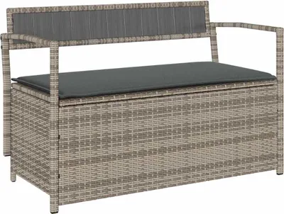 A studio shot of a grey poly rattan storage bench with a cushion.