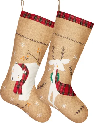 Productafbeelding van BRUBAKER Set van 2 kerstsokken om te vullen en op te hangen - rendier en ijsbeer - 52 cm hoog