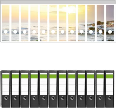 Produktbild von Wallario 12 Stück breite Ordner inkl. Klebeetiketten mit Motive Sonnenuntergang über dem Meer -  Set mit Rückenschildern / Ordnerrücken Stickern