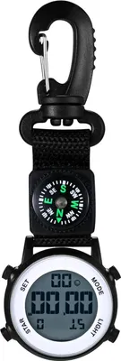 A digital watch with a carabiner clip and a compass attached.