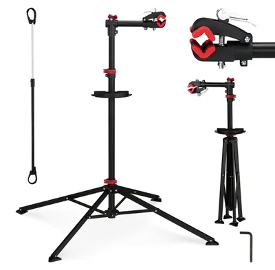 Produktbild von Relaxdays Fahrrad Montageständer höhenverstellbar, Reparaturständer klappbar, 30 kg, mit Werkzeugablage, Metall, schwarz