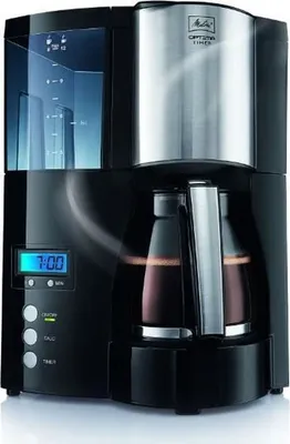 A black Melitta Optima Timer coffee maker with a silver accent on a light gray background.