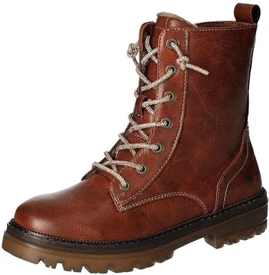 A single brown lace-up boot is shown against a white background.