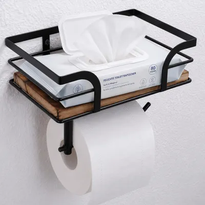Produktbild von Toilettenpapierhalter, Klopapierhalter, Papierhalter, Klorollenhalter, Rollenhalter, Mit Ablagefläche für Handy und Feuchttücher, Bambus, ohne bohren, KI-generiertes Bild